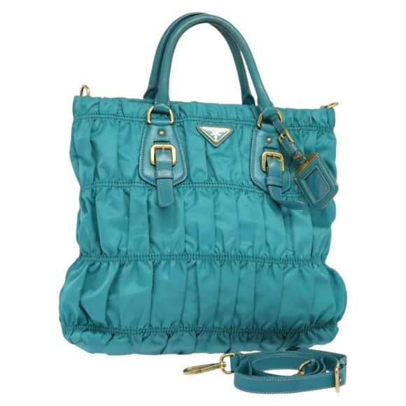 PRADA Hand Bag Nylon Leather 2way Turquoise Blue Gold Auth 116888 - Picture 1 of 16